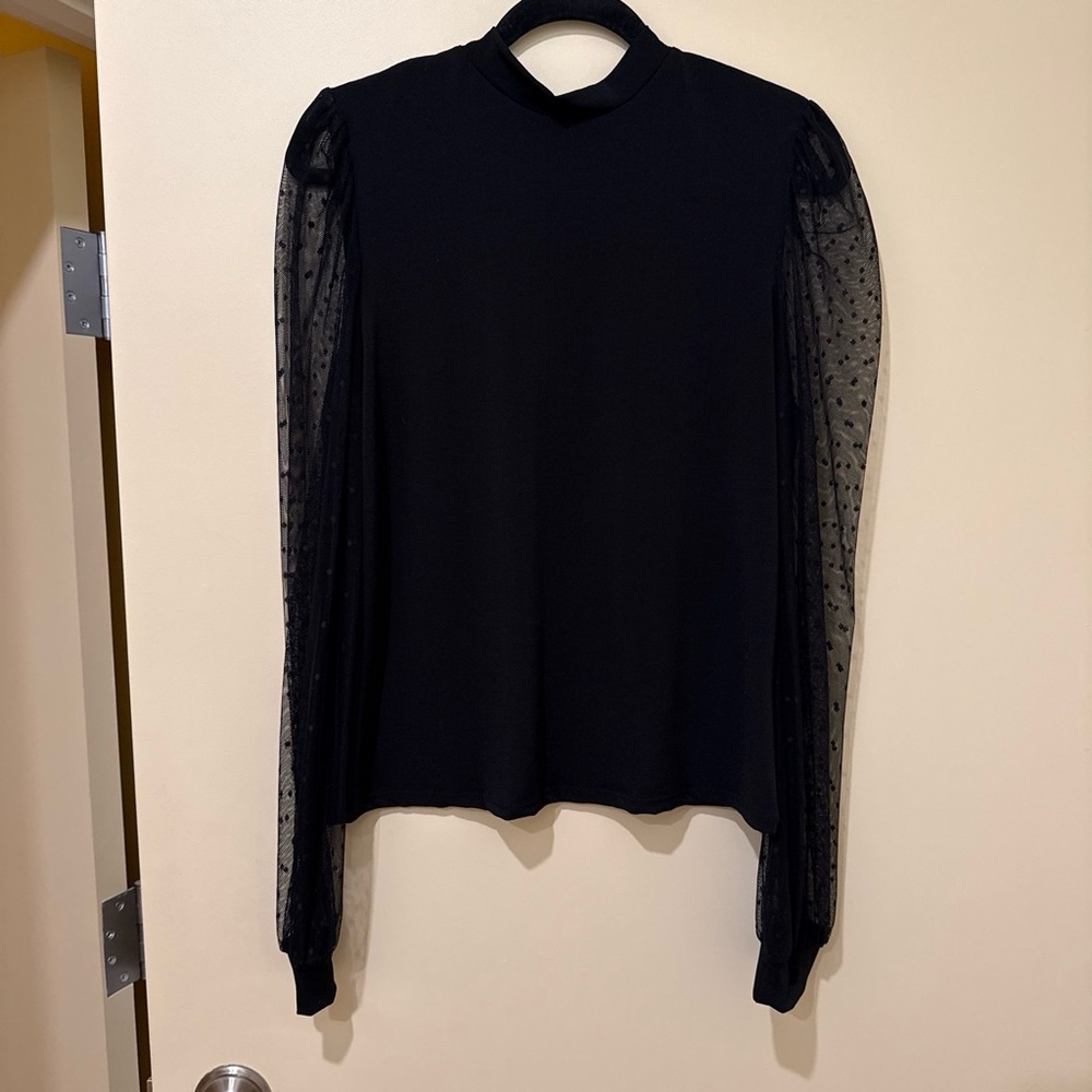 Halogen Black Long-Sleeve Top with Dotted Sheer Sleeves